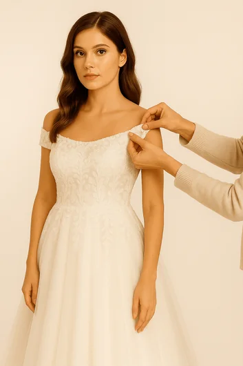 Wedding dress neckline style conversion showing transformation from sweetheart to V-neck design
